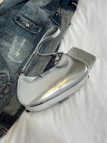 1pc Women's Retro Mira Rock Punk Rivets Decor Adjustable Strap Large Capacity Soft Faux Oil Wax Gradient Color Leather One Shoulder Underarm Baguette Bag, Suitable For Work Commute, Dating, Party - Silver - View 7