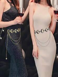 1 件女士金属腰链百搭月亮装饰腰带多层金属腰带连衣裙带装饰腰带秋季、秋季、万圣节 - 金色 - 查看 1