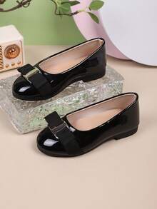 "Shoes For Girls"Little Girl's Dress Shoes, Children's Shoes, Bow Design, Flat Comfortable Black Leather Shoes, Suitable For Daily, Campus Shoes, Wedding - Black - View 5