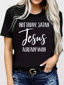 Summer Tops, Cotton Round Neck Short Sleeve T-Shirt With Not Today Satan Jesus Already Won Christian Bold Faith Shirt For Summer Graphic Tees Women Tops - 黑色 - 查看 1