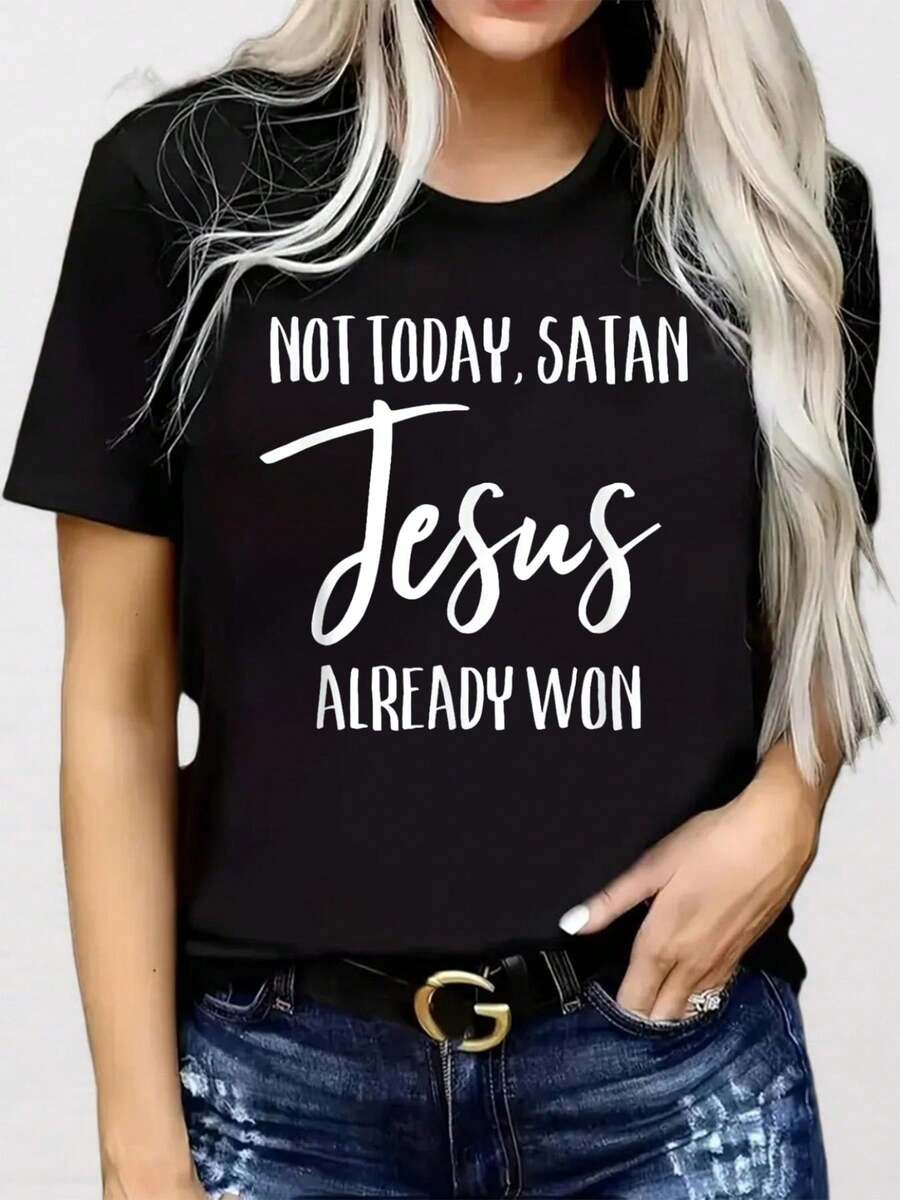 Summer Tops, Cotton Round Neck Short Sleeve T-Shirt With Not Today Satan Jesus Already Won Christian Bold Faith Shirt For Summer Graphic Tees Women Tops - 黑色 - 查看 1