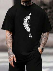 Camisetas de pareja con estampado de león y flecha - Camisetas para él y para ella. Regalo perfecto para San Valentín o aniversario. Camisetas de algodón negro de manga corta, lindas camisetas de pareja para él y para ella. - Negro - Ver 1