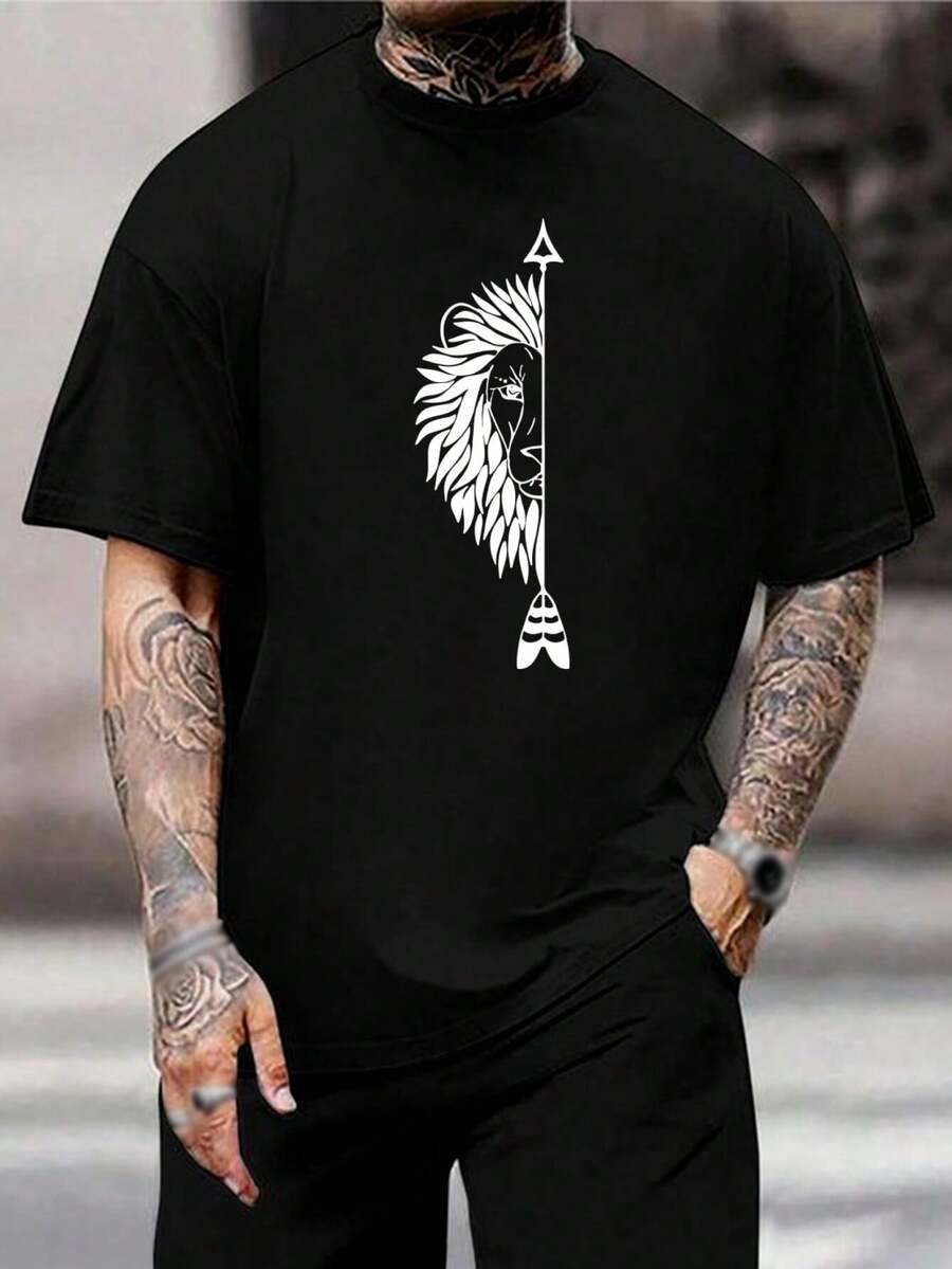 Camisetas de pareja con estampado de león y flecha - Camisetas para él y para ella. Regalo perfecto para San Valentín o aniversario. Camisetas de algodón negro de manga corta, lindas camisetas de pareja para él y para ella. - Negro - Ver 1