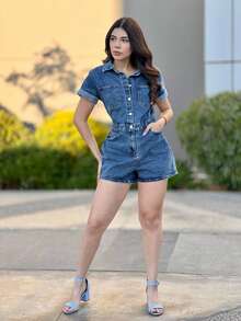 Mono de mezclilla, entero mono short de mezclilla con botones delanteros - Azul - Ver 2