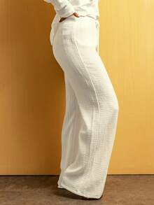 女式夏季纹理抽绳高腰休闲裤 - 米色 - 查看 4