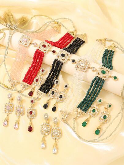 1 Set Moroccan Style Women's Popular Crystal Jewelry Set, Rhinestone Inlaid Necklace & Earrings 2 Pieces, Bohemian Style, Bridal Wedding Party Accessories, Gift For Women Valentine's Day Accessories