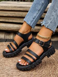 极简欧美风绑带罗马女神厚底凉鞋 - 黑色 - 查看 4