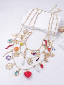 1 pieza Collar de múltiples capas de aleación de zinc con colgante de corazón, girasol y estrella de mar de moda para mujeres