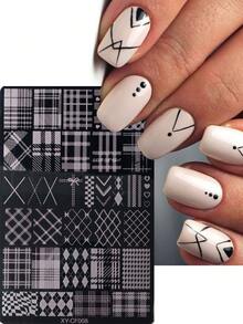 3D可爱钻石网格美甲印花板条纹美甲印花板几何图形印花美甲模板转印模具美甲工具