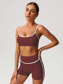 Sodalemon Women Workout Set Color Block Sport Bra No Front Seam Cycling Outdoor Fitness Shorts Gym Training Sport 2pcs Set - Red Violet - View 5