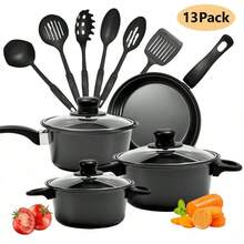 13pcs Cookware Set - Non-Stick Saucepans Pot/Frying Pan/Casserole Pot -Includes Glass Lid And Kitchen Tools - Black - View 1