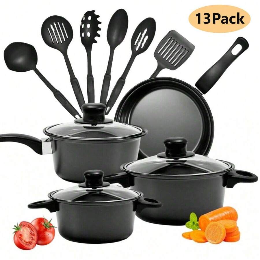 13pcs Cookware Set - Non-Stick Saucepans Pot/Frying Pan/Casserole Pot -Includes Glass Lid And Kitchen Tools - Black - View 1
