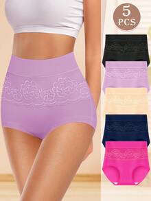 5pcs High Waist Women's Triangle Panties, With Rose Pattern Mesh Design, Breathable And Comfortable - Nhiều màu - Xem 1