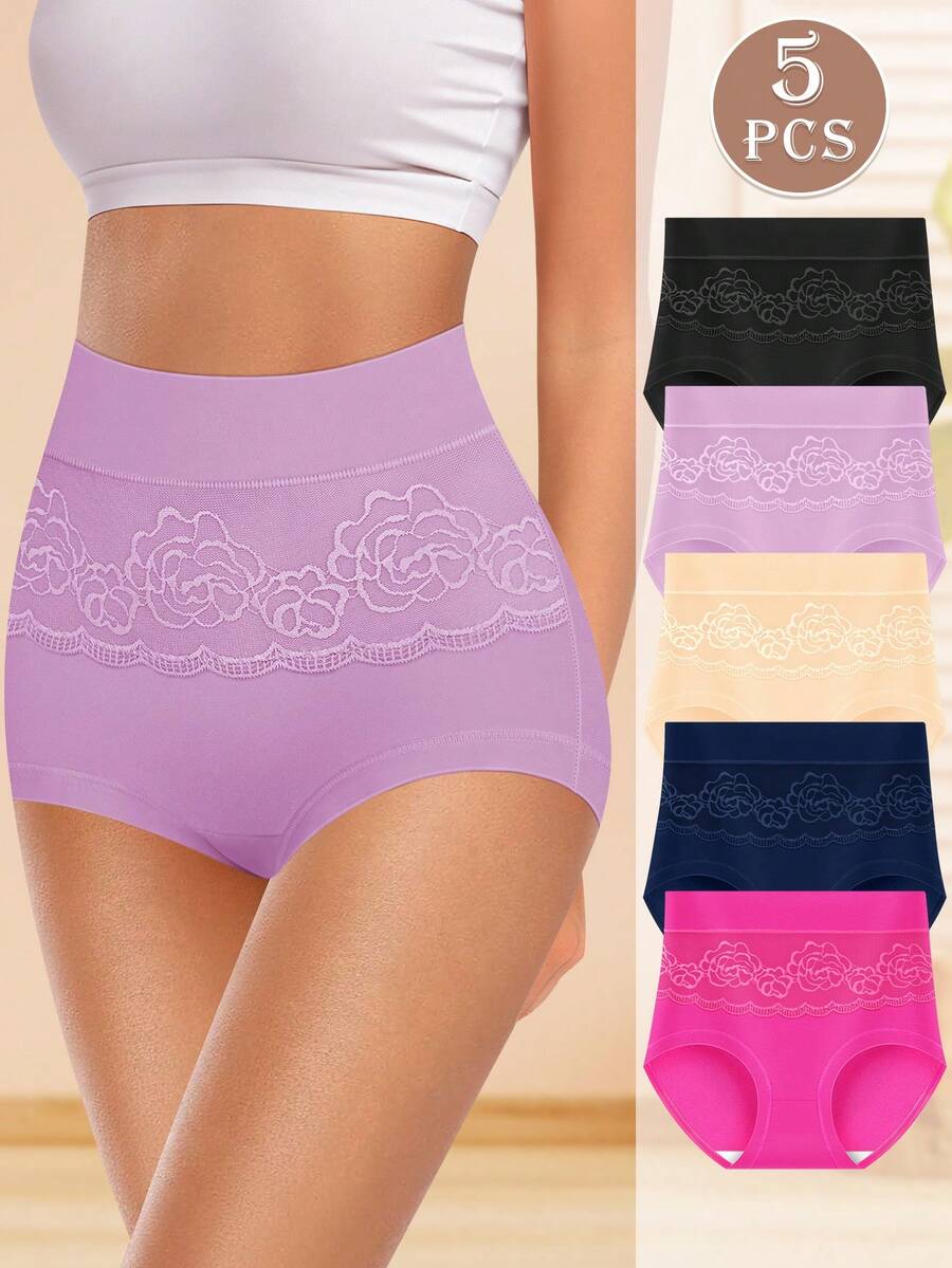 5pcs High Waist Women's Triangle Panties, With Rose Pattern Mesh Design, Breathable And Comfortable - Nhiều màu - Xem 1