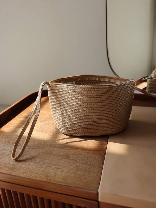 Woven Bag For Spring And Summer, Travel Organizer Bag, Solid Color Woven Storage Bag, Outdoor Portable Casual Beach Tote Handbag, Cosmetic Bag