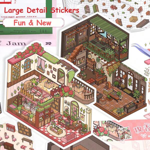 Rose Garden Cottage 3D Stickers, Large-Size New Version Time-Passing Stickers, Detailed DIY Landscape Collage, Cute 3D Stereoscopic Miniature House Cartoon Stress Relief Landscape Stickers, More Complex And Detailed Handcrafted Creative Miniature Scene Collage, 3D Stereoscopic Scrapbooking Stickers