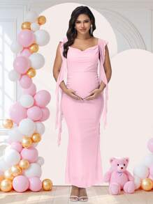 JustVH Maternity Draped Neck Ruffle Long Dress For Baby Shower Photoshoot