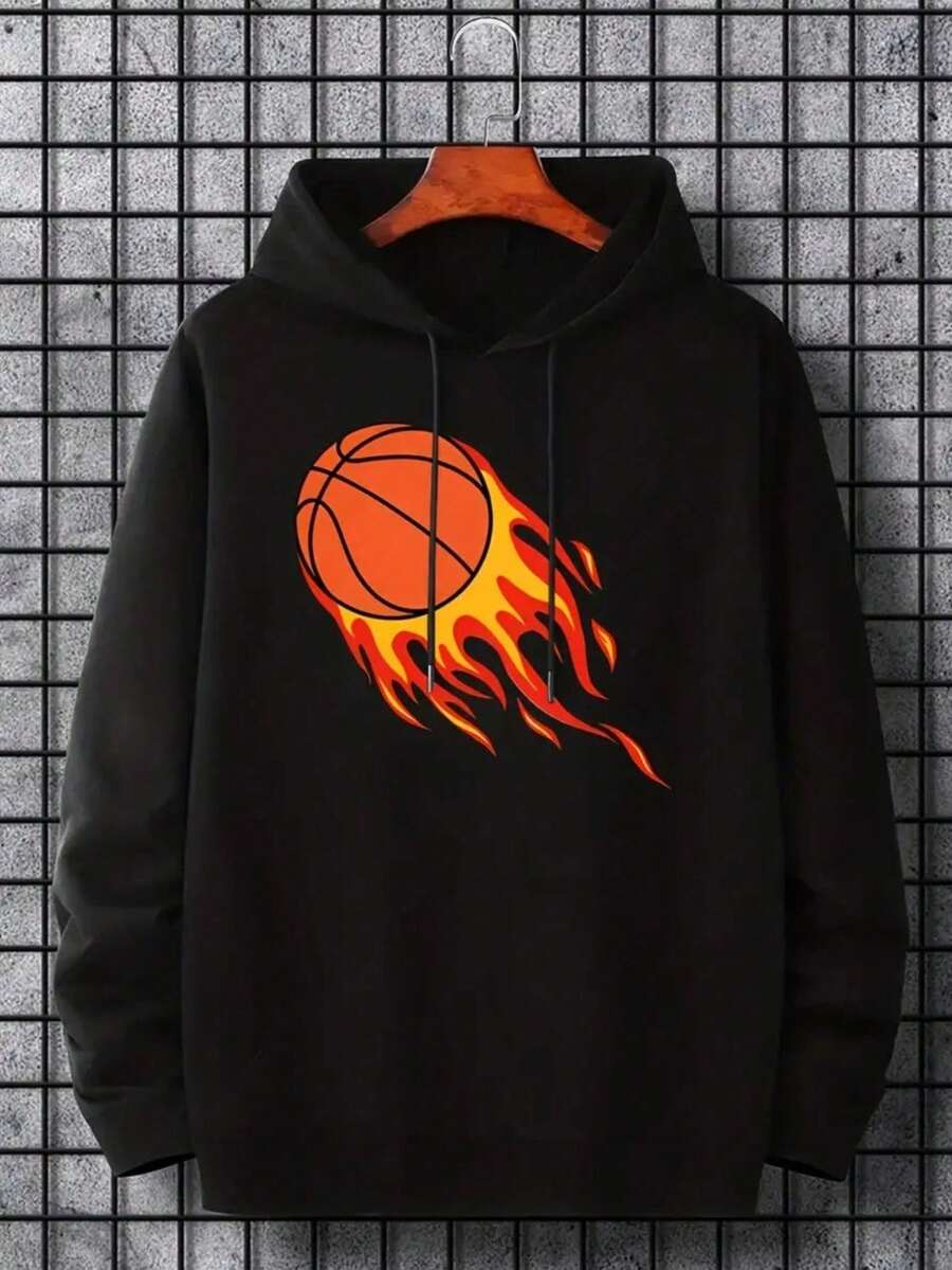 Sudadera con capucha impresa de baloncesto en llamas, sudaderas para hombres, sudadera con capucha de diseño gráfico casual para hombres con bolsillo canguro, ropa de calle para invierno otoño, como regalos - Negro - Ver 1