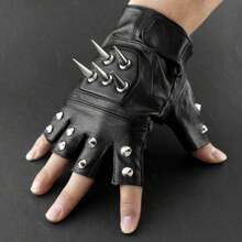 Mens Leather Spike Stud Punk Rocker Driving Motorcycle Biker Fingerless Gloves
