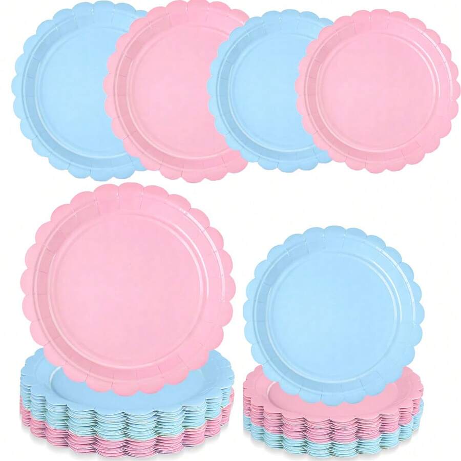 Set de 10 piezas/20 piezas/40 piezas, Platos de papel para revelación de género para fiesta temática de niño o niña, platos en forma de abanico de 7" y 9" en color rosa claro y azul para postres en fiestas de cumpleaños, bodas, bautizos y otras celebraciones - Multicolor - Ver 1