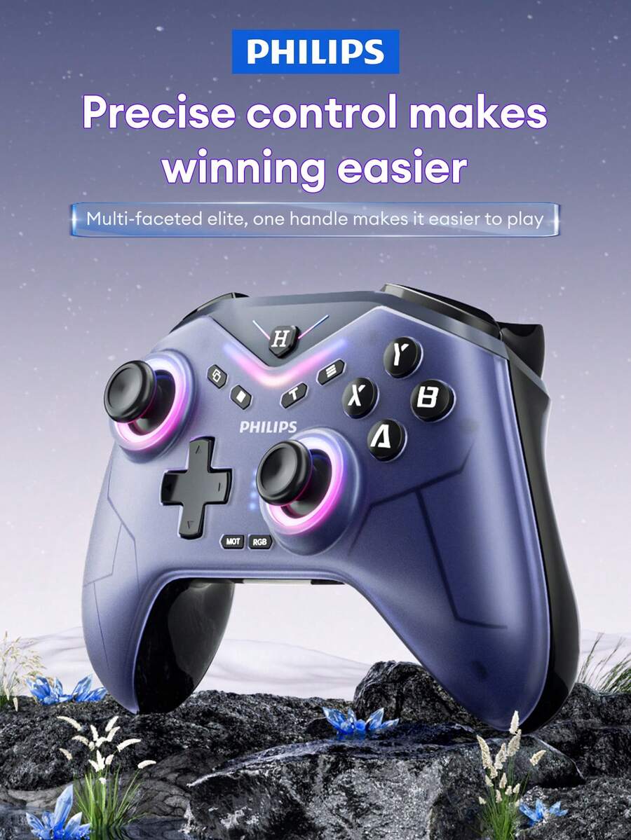 PHILIPS 飞利浦 DLK5070 蓝牙游戏控制器，双霍尔机械按键，3 级震动调节，高游戏体验，兼容 Switch、PC、无线移动游戏、电视、电子竞技，6 轴运动感应，可拆卸面罩