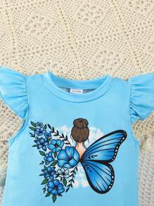 2pcs Toddler Kids Summer Casual Cute Butterfly Print Round Neck Tank Top + Shorts Set