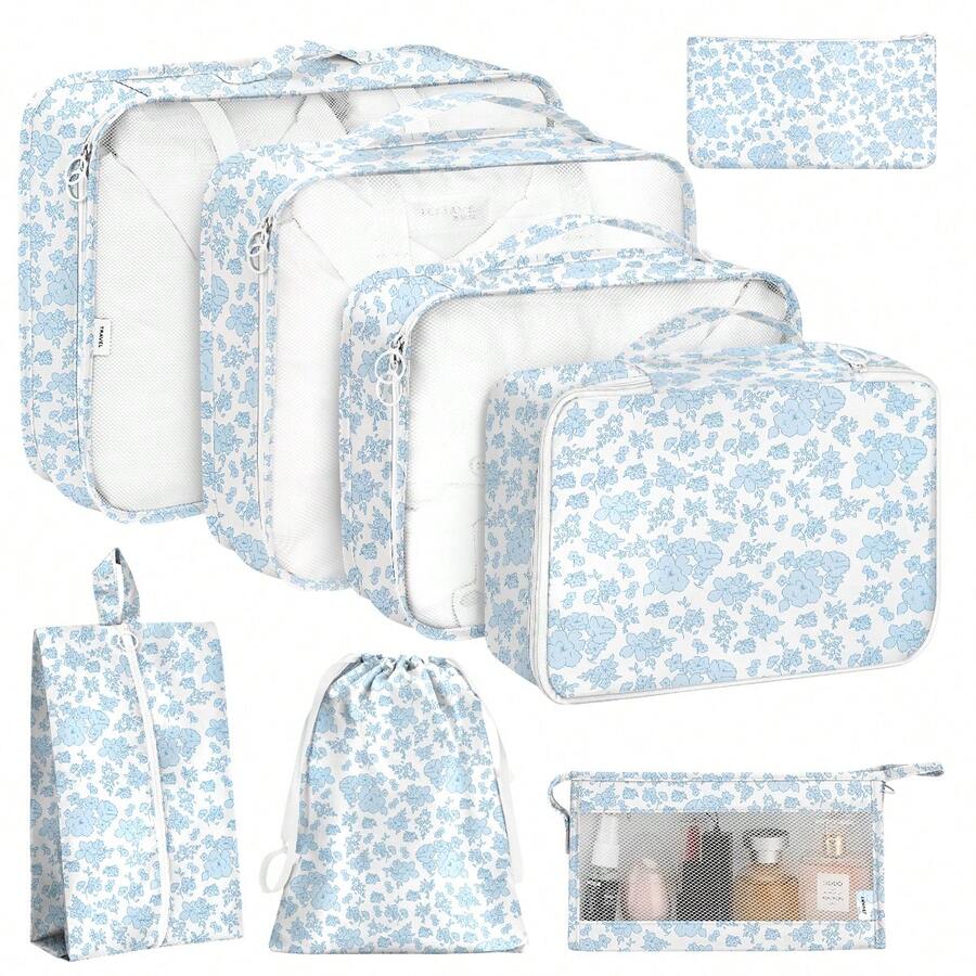8pcs Travel Packing Cubes Set,Travel Portable Clothes Storage Bags, Compression Storage Shoe Bag, Clothing Underwear Bag, Luggage Packing Organizers,Pack Your Luggage With Ease ,Travel Essential Accessories - 藍花 - 查看 1