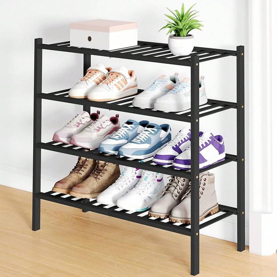 Shoe Rack Closet, 3 Tier Wooden Stackable Shoe Organizer, Standing Shoes Storage Shelf Entryway, Front Door Entrance, Natural - Black - View 1