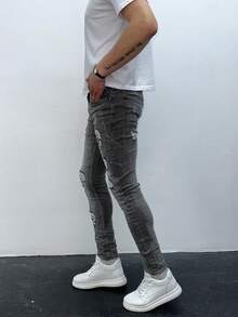 Men's Grey Distressed Skinny Jeans, Fashionable For Summer - Blue - View 3