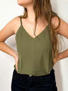 Women's Tank Top With Adjustable Straps Basic Crepe Strappy Top - Verde militar - Ver 2