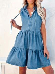 Women's Ruched Sleeveless Denim Dress - Light Wash - View 3