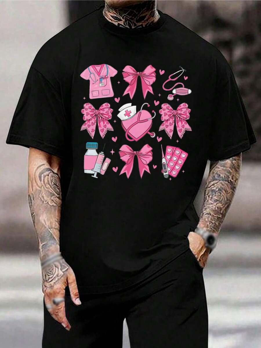 Camiseta gráfica de enfermera linda con lazos rosas, camiseta de médico, regalo para trabajadores de la salud, ropa para estudiantes de enfermería, alternativa a la bata quirúrgica para el Día de San Valentín para el esposo - Negro - Ver 1