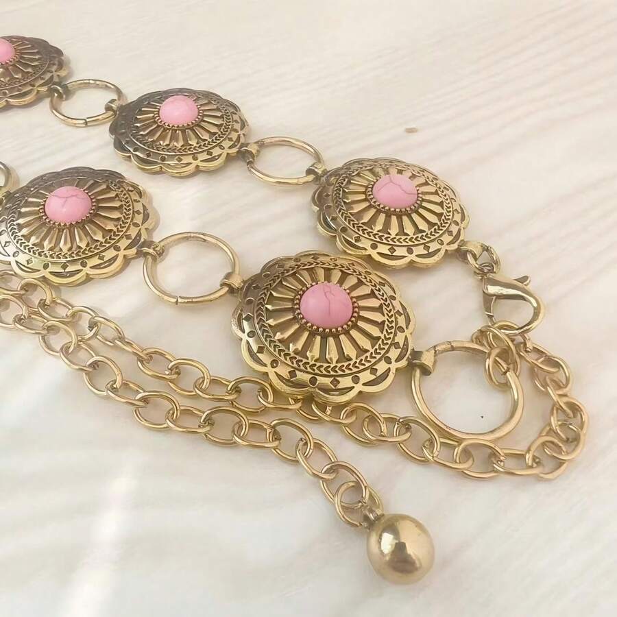 镂空波西米亚风腰链，时尚可调节腰带，金属装饰，女士派对，菱形格纹，街头风，锌合金材质，适合万圣节、婚礼、春夏秋冬等场合。 - 古金色 - 查看 1