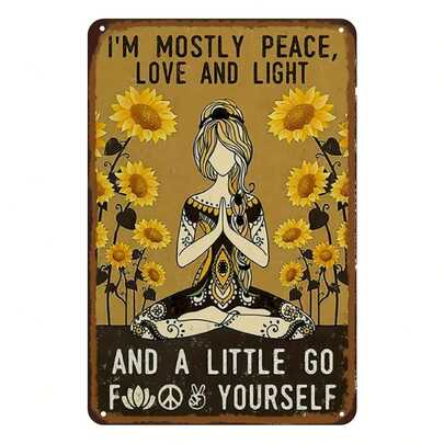 复古波西米亚风格锡制标牌 - “我主要代表和平、爱与光明” 鼓舞人心的金属墙面艺术，带有向日葵和冥想符号 - 适合家庭、办公室、卧室、客厅、咖啡馆的复古装饰 - 8x12 英寸，咖啡馆壁挂|和平符号装饰|金属锡制标牌，金属墙面艺术装饰