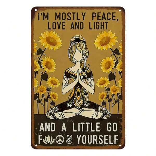 Vintage Boho Tin Sign - "I'm Mostly Peace, Love, And Light" Inspirational Metal Wall Art With Sunflowers And Meditation Symbols - Retro Decor For Home, Office, Bedroom, Living Room, Cafes - 8x12 Inch, Cafe Wall Hanging|Peace Symbol Decor|Metal Tin Sign, Metal Wall Art Decor