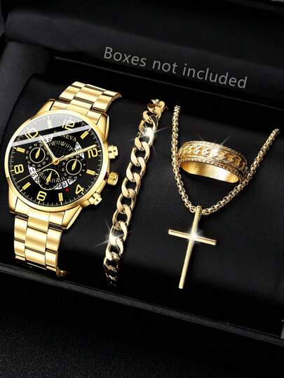 4-Piece Men's Gold Strap Fashion Casual Mixed Scale With Calendar Quartz Watch Bracelet Necklace Ring Jewelry Set Suitable For Daily Wear Decoration Or Holiday Gifts