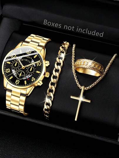 Set de 4 piezas de reloj de cuarzo con correa de acero inoxidable, calendario, pulsera, collar y anillo de joyería casual y de moda para hombres, adecuado para uso diario o como regalo para ocasiones especiales