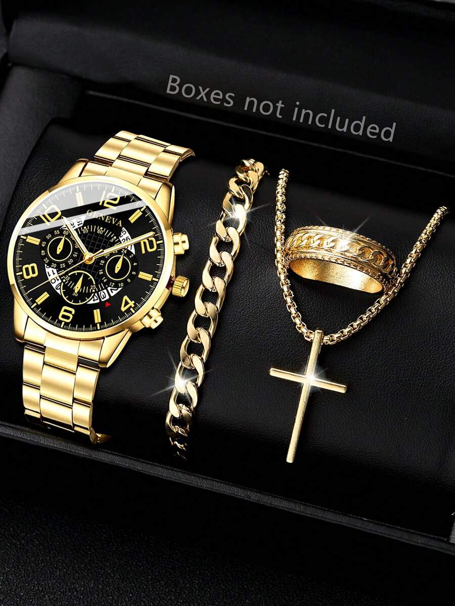4-Piece Men's Gold Strap Fashion Casual Mixed Scale With Calendar Quartz Watch Bracelet Necklace Ring Jewelry Set Suitable For Daily Wear Decoration Or Holiday Gifts