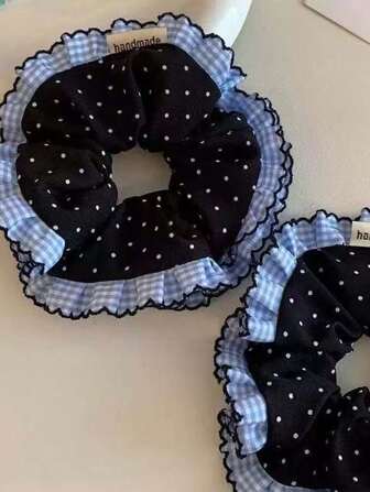 艺术蓝格子波点蕾丝发圈马尾辫