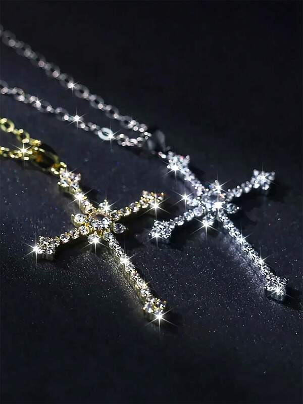 2pc Set Elegant Minimalist Gold Tone Necklace Luxury Crystal Cross Pendant Jewelry Set, Birthday Gift For Women