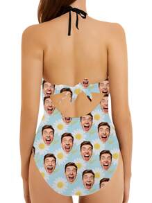1 pieza Traje de baño de una sola pieza con estampado personalizado de rostro para mujer, diseño sexy y de moda con abertura y lazo, sin mangas, para piscina, playa, vacaciones, chica, mejor regalo para novia/esposa, elegante, de moda, hipster, casual, minimalista, personalizado, único, disfraces de hombre, guardarropa cápsula, estilo básico/urbano para hombres, regalos ideales para él, novio, familia, amigos, para cumpleaños, para vacaciones/días festivos, para escuela/competencia, para deportes/escalada