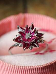 Vintage Handmade Red Cubic Zirconia Lotus Flower Engagement Ring, Unique Gold & Silver Color Ring For Women, Birthstone Floral Ring, Party Jewelry, Mother's Day Gift - Golden - View 3