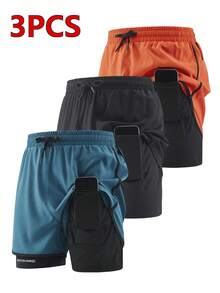 3pcs/Set Men's Quick Dry Sports Shorts, Running Training Fitness 2 In 1 Shorts, Summer - Blue - View 8