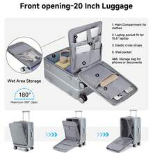 Sea Choice Front Opening Luggage 20 Inch PC Hard Shell Suitcase Hand Luggage Front Open With YKK Zipper TSA Lock 4 Wheels Computer Compartment USB Charging Ports & Cup Holder - Silver - View 6