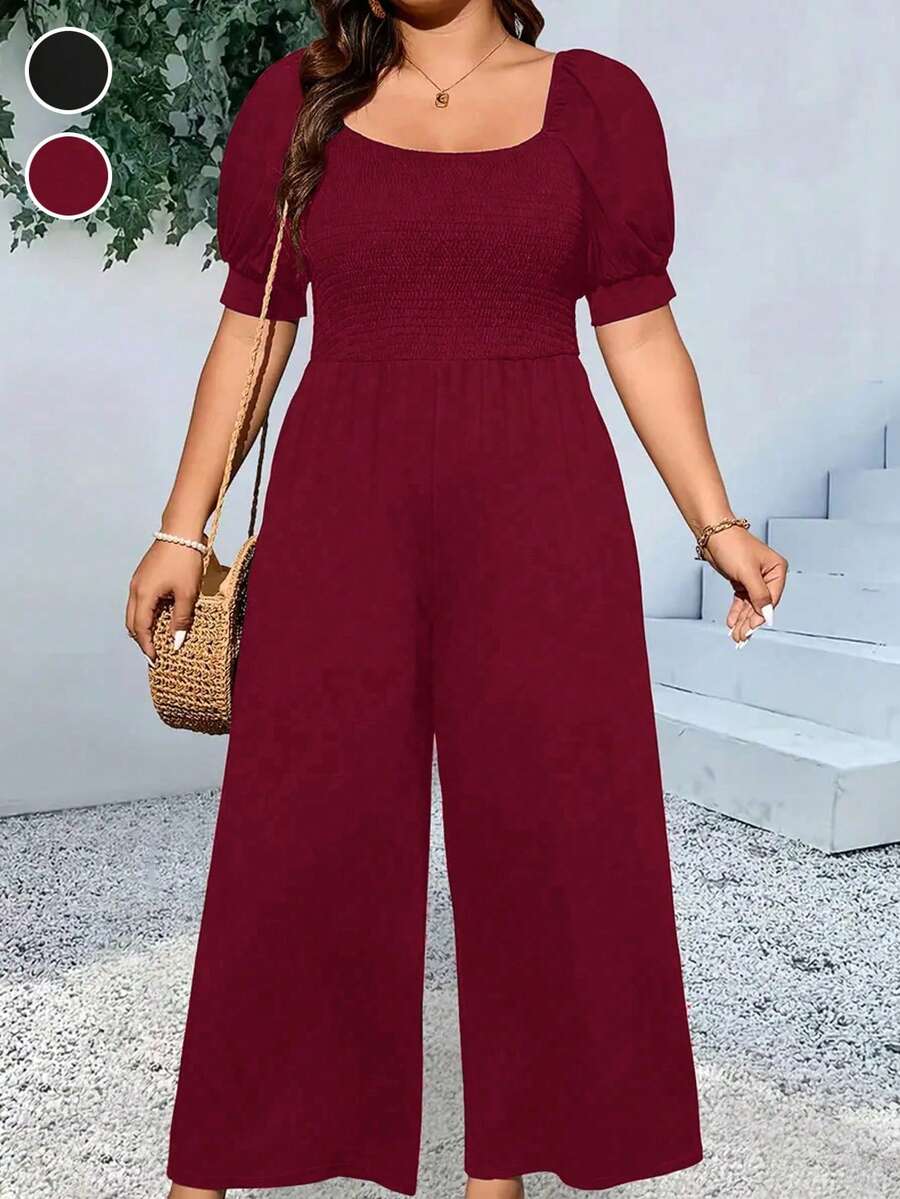 Plus Size Women Square Neck Short Sleeve Jumpsuit - Burgundy - View 1