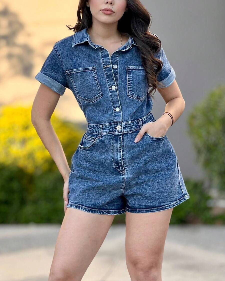 Mono de mezclilla, entero mono short de mezclilla con botones delanteros - Azul - Ver 1