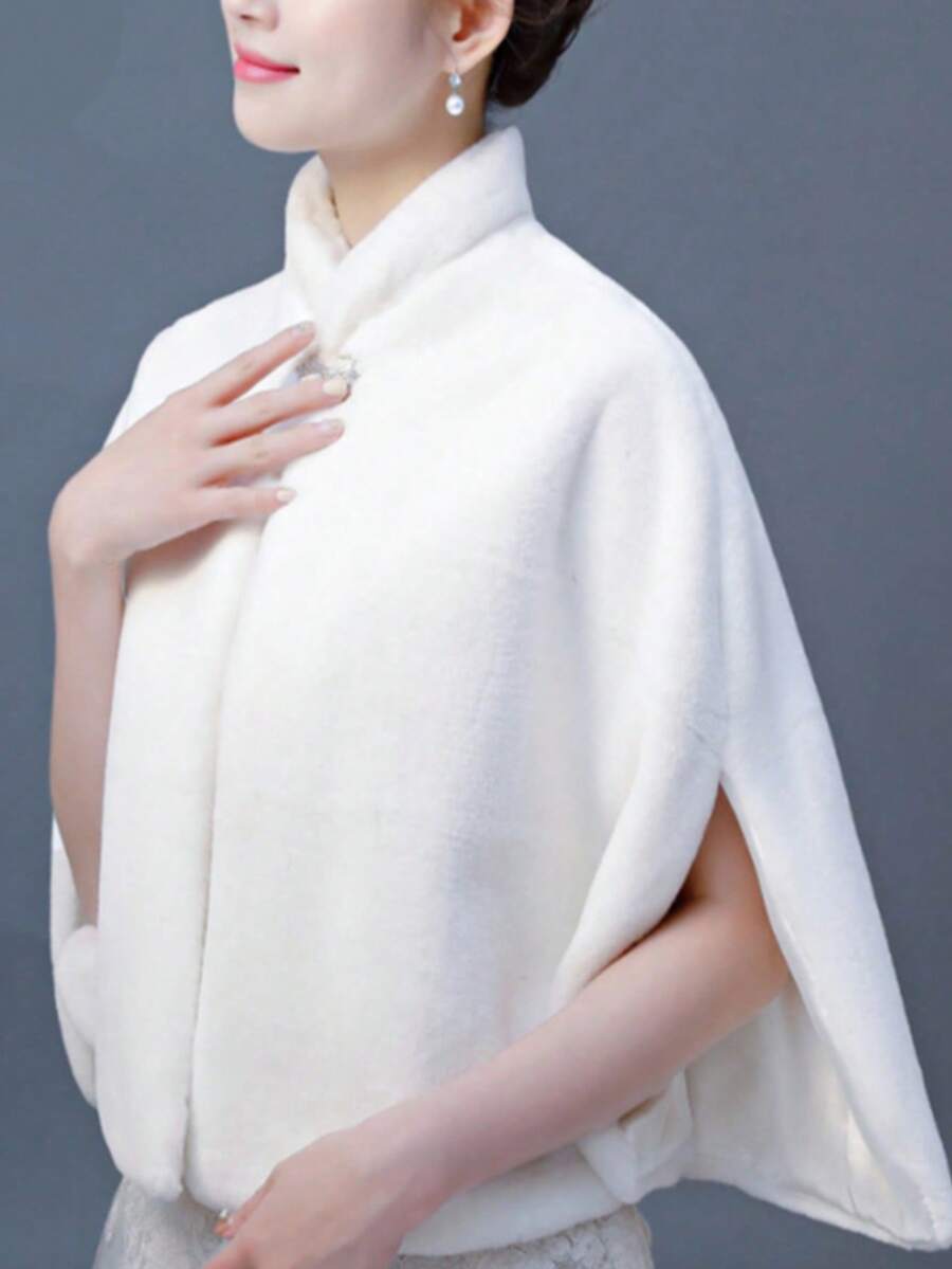 1pc Fashion Cloak With Slit, Stand Collar, High-Quality Soft Faux Fur Shawl, Suitable For Wedding, Party And Bridal Gown - White - View 1