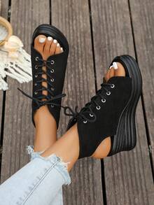 Women's Summer Preppy College Bohemian Goth Style Peep-Toe Platform Wedge Heel Casual Vacation Roman Sandals - Black - View 6