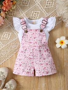 2pcs Baby Girl Overalls Jumpsuit Set With Flying Sleeves, Top T-Shirt With Floral Pockets, Overalls Shorts Set (Overalls Measurement Does Not Include Shoulder Straps) - 粉色 - 查看 1