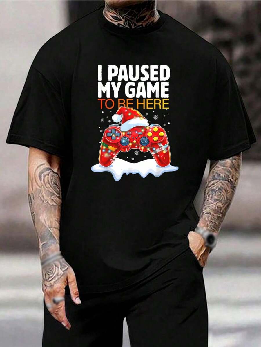 Camiseta navideña divertida para jugadores - ¡Pausé mi juego por esto! - Regalo perfecto para amantes de los videojuegos - Camiseta de algodón negra para hombres y mujeres - Negro - Ver 1